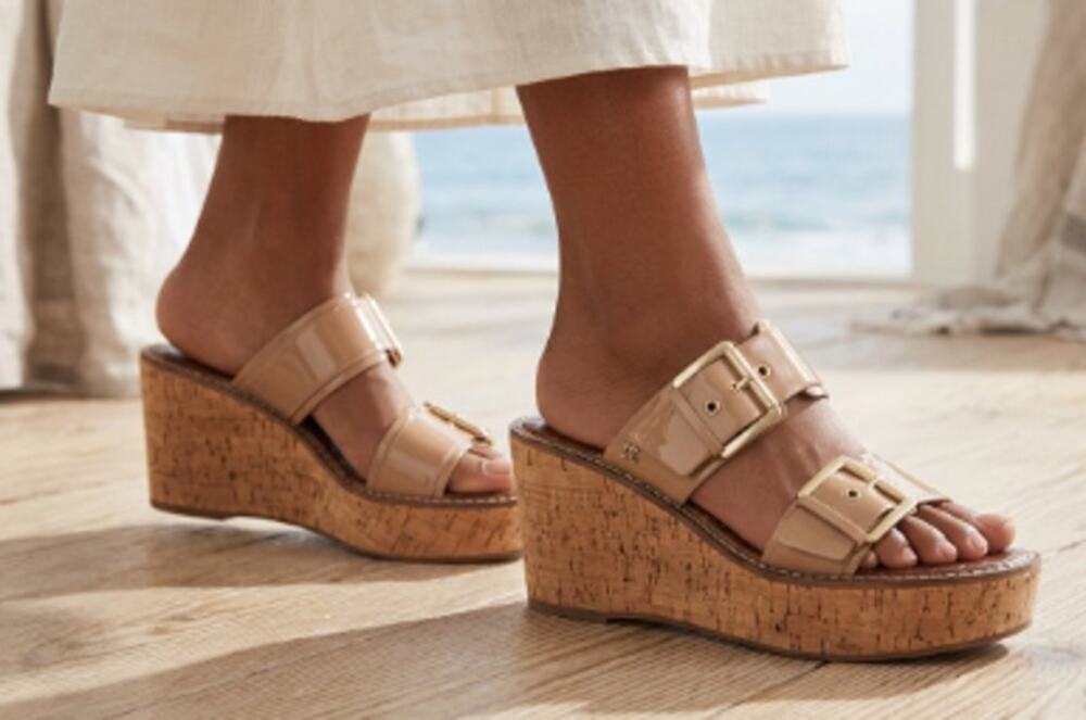 Sam Edelman Anna Tan Patent Leather Cork Wedge Sandals sz 9